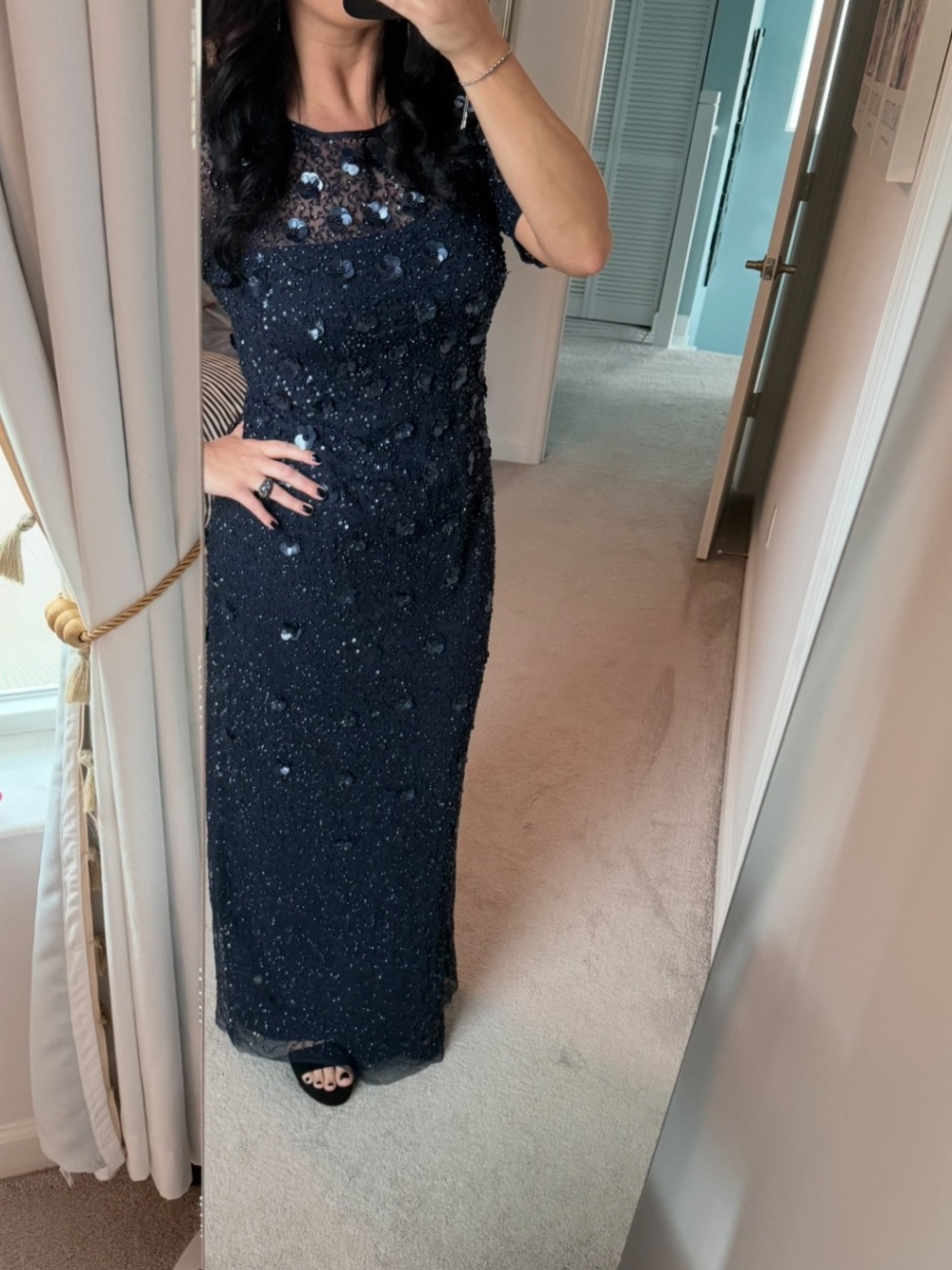 ADRIANA PAPELL  Navy Floral Beaded  Evening Dress